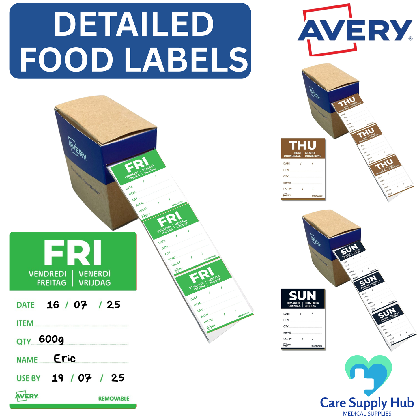 Avery Removable Food Day Labels – Full Week Set (500 Labels per Roll, 40 x 56mm)
