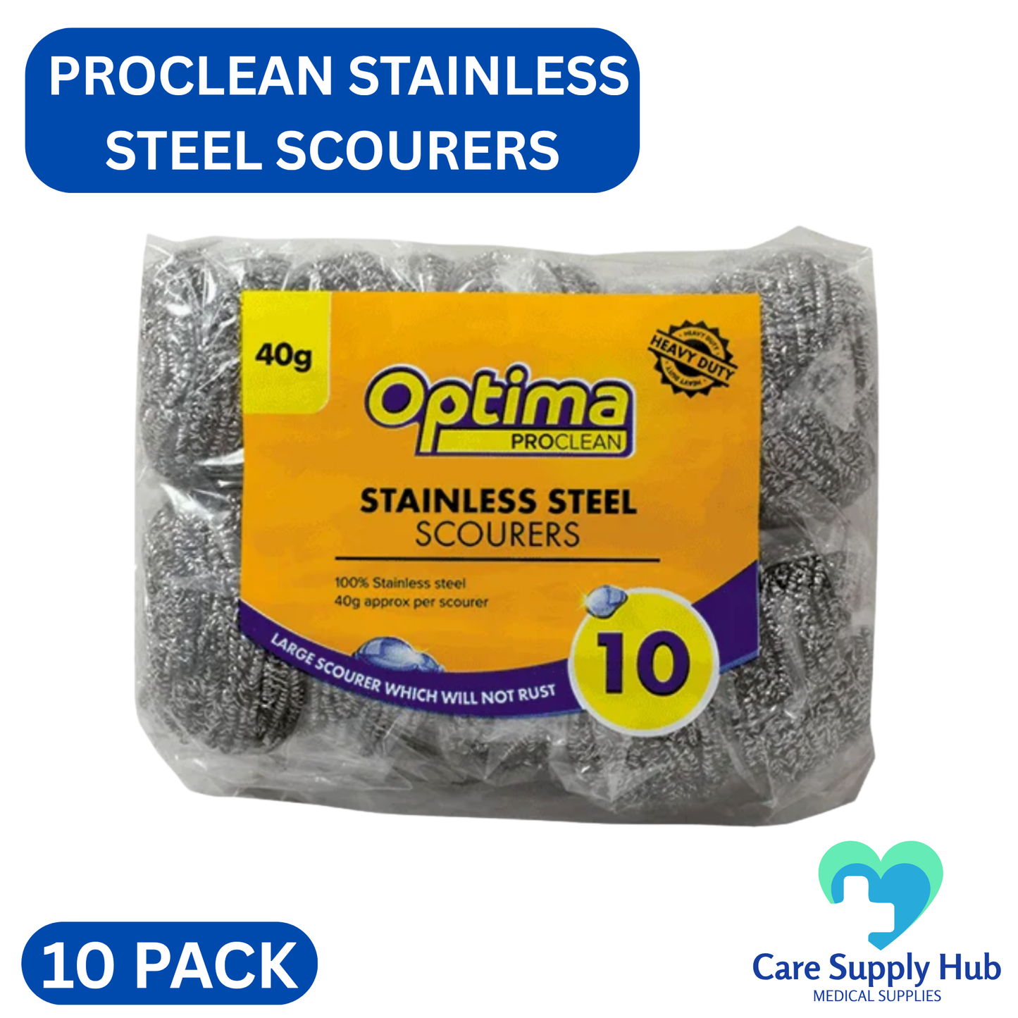 Optima Proclean Stainless Steel Scourers – Heavy Duty Metal Scourers (Pack of 10)