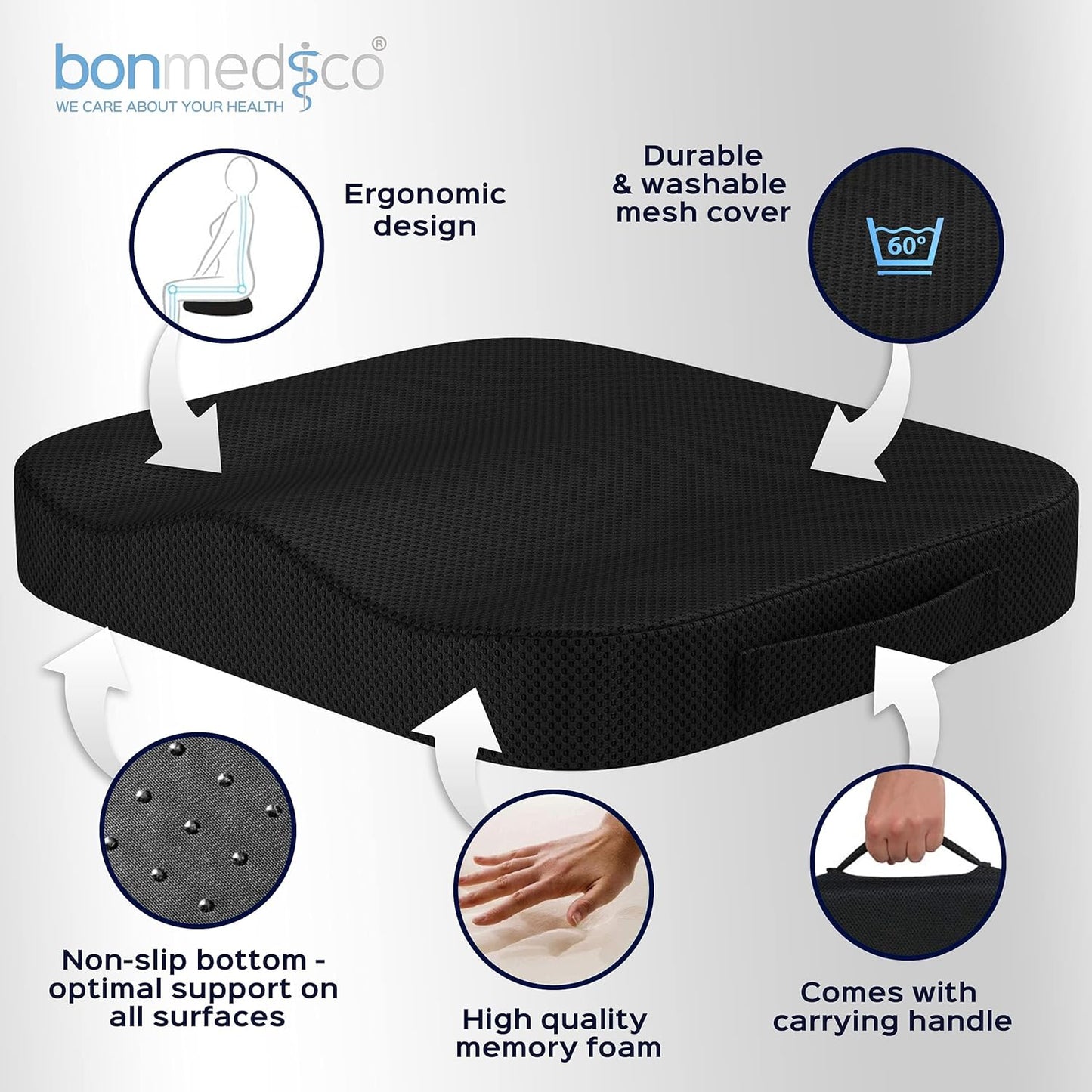 Orthopaedic Memory Foam Seat Cushion – Pressure Relief Comfort Cushion (Black Mesh)
