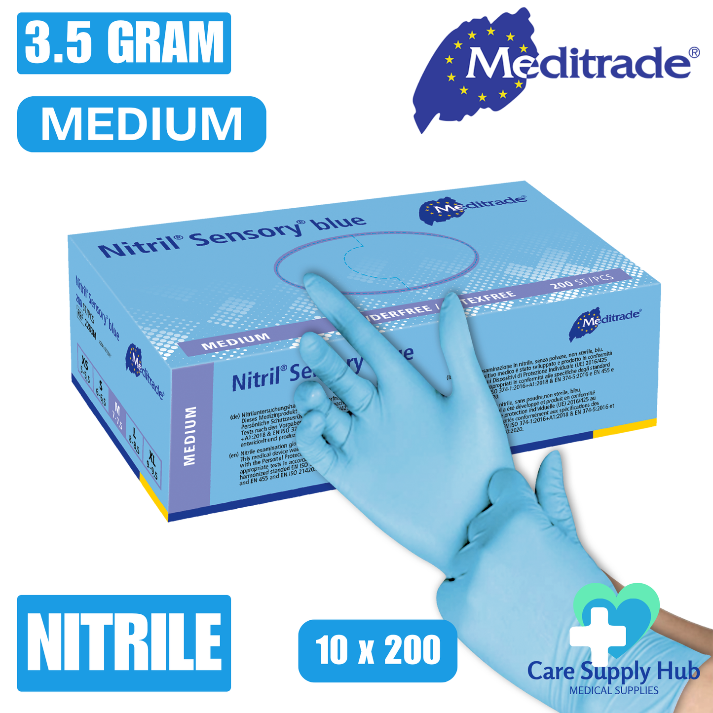 Meditrade Nitrile Sensory - Blue Examination Gloves Medium (10X200)