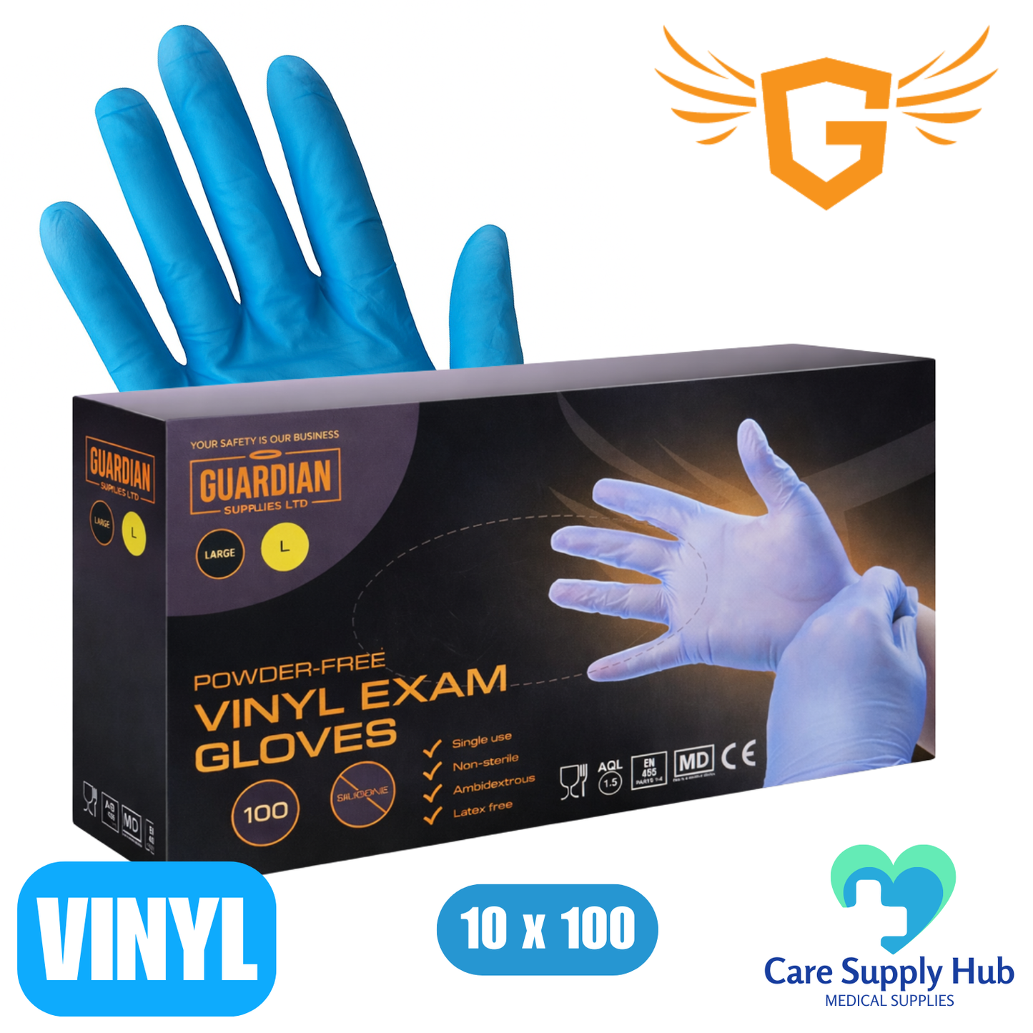 Guardian Blue Vinyl Gloves – Powder-Free, Latex-Free – 1 Case (10x100)
