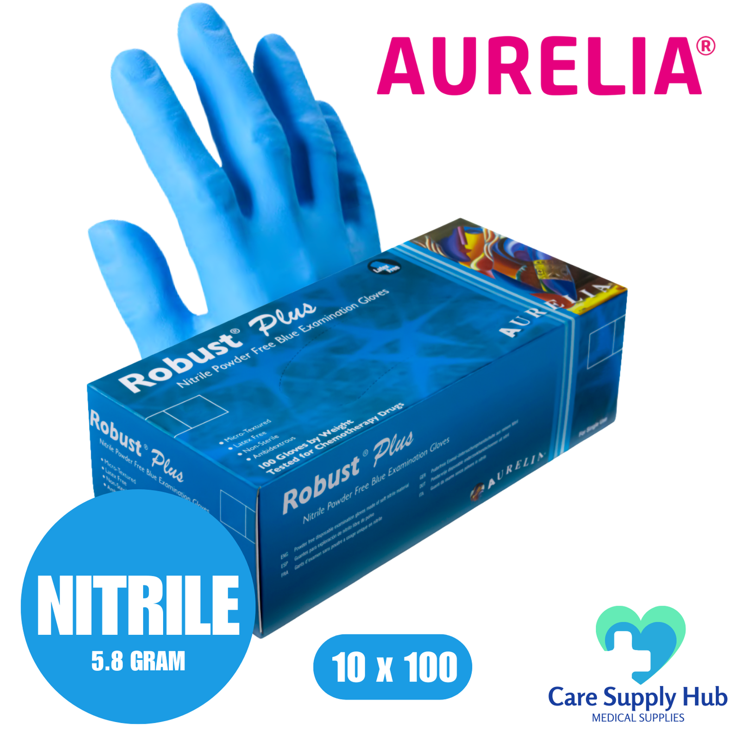 Aurelia Robust Plus Nitrile Disposable Gloves – Premium Blue Examination Gloves (10x100)