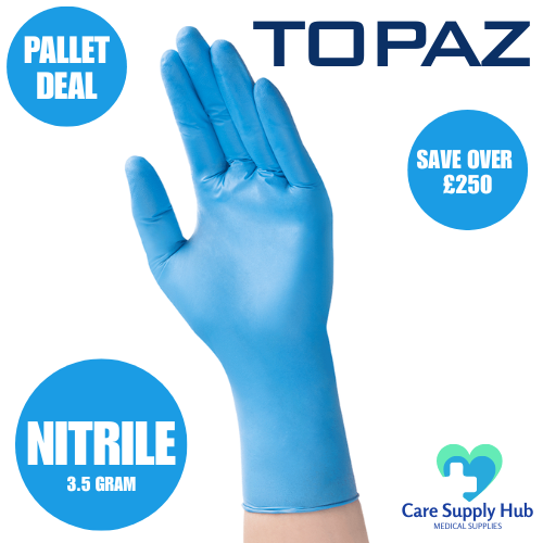 Blue nitrile glove with promotional text and branding on a white background