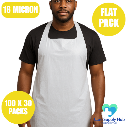 Ultimate White Flat Pack Disposable Aprons – 16 Micron, 3000 Aprons (100 x 30 Packs)
