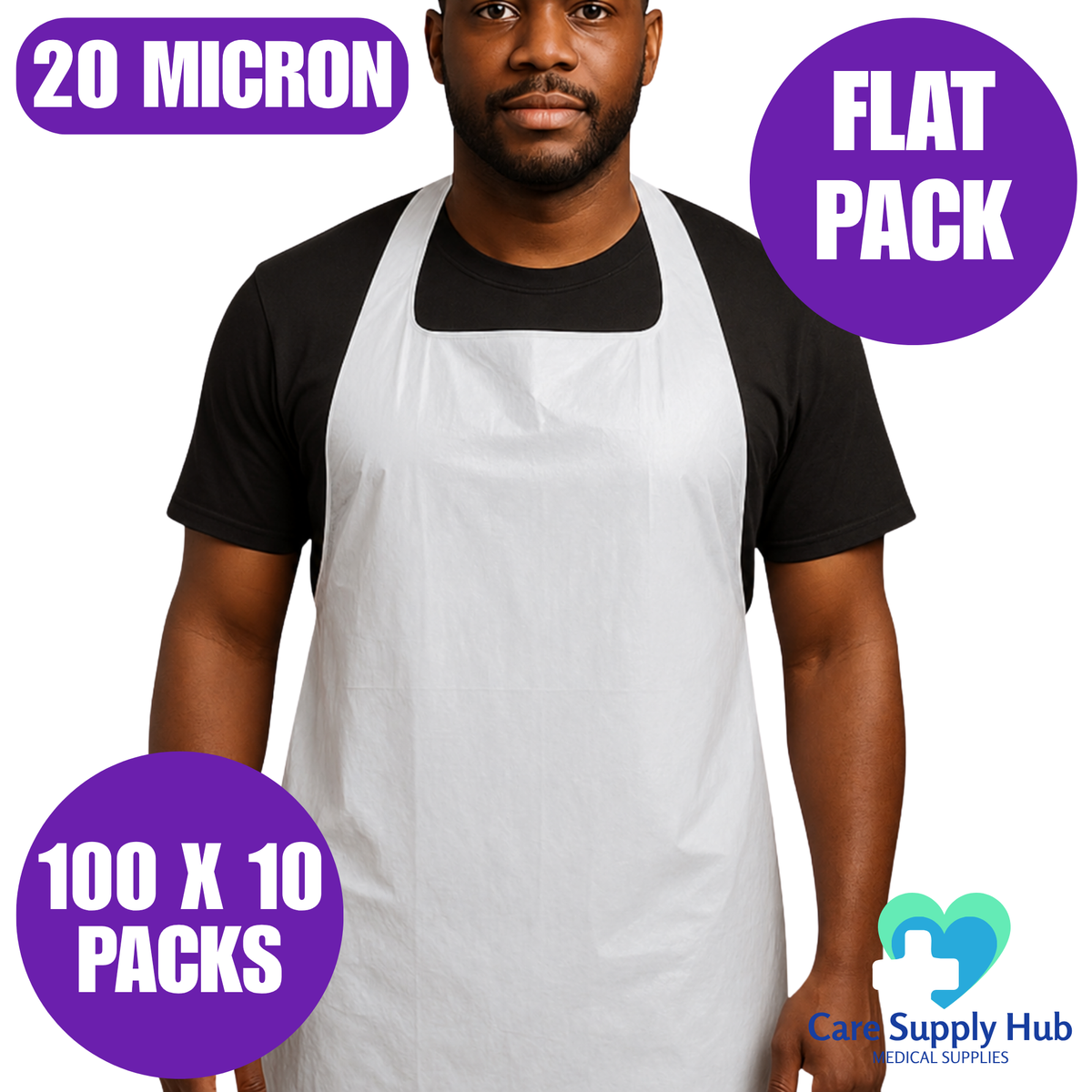 Ultimate White Flat Pack Disposable Aprons – 20 Micron, 1000 Aprons (100 x 10 Packs)