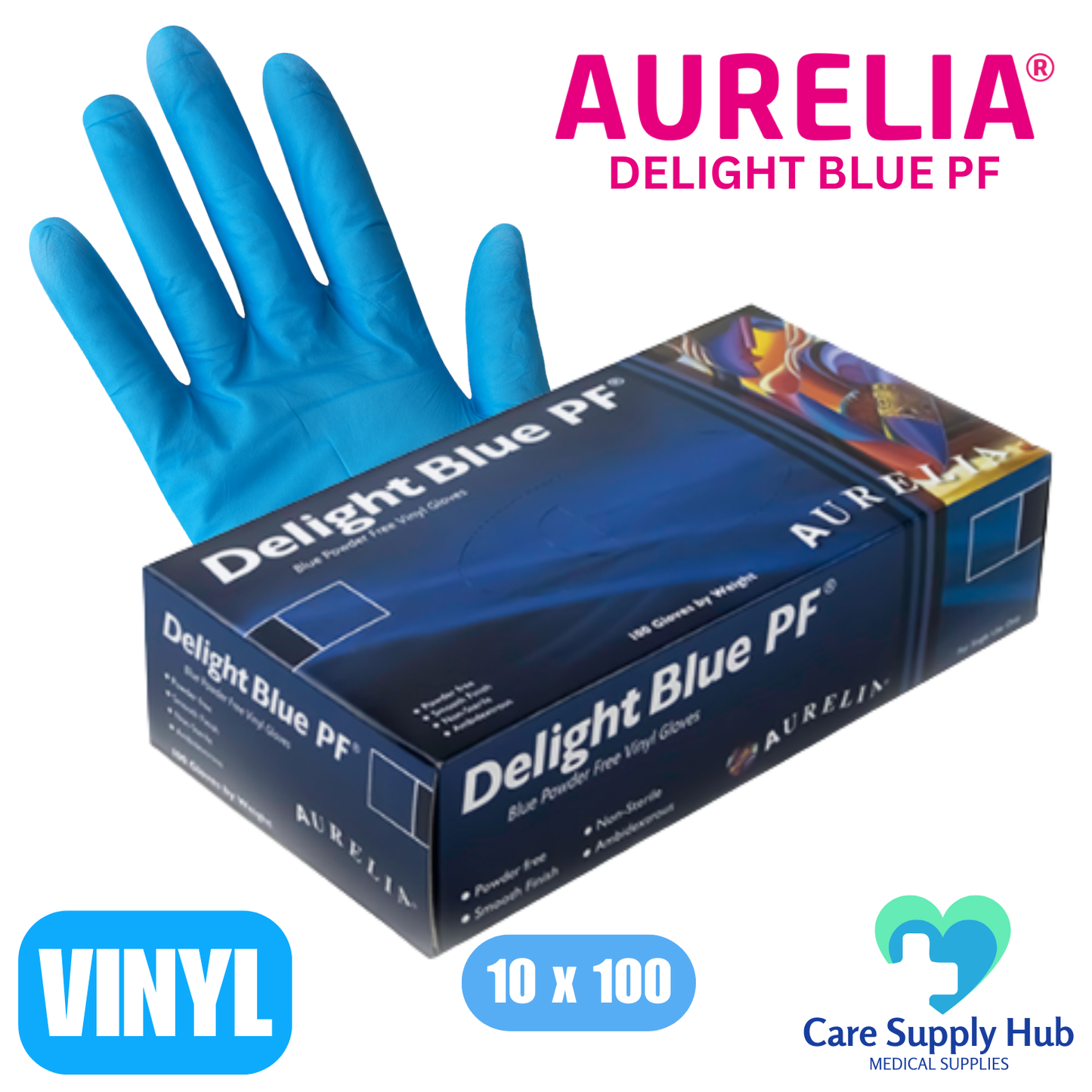 Aurelia Blue Vinyl Gloves – Powder-Free, Latex-Free – 1 Case (10x100)