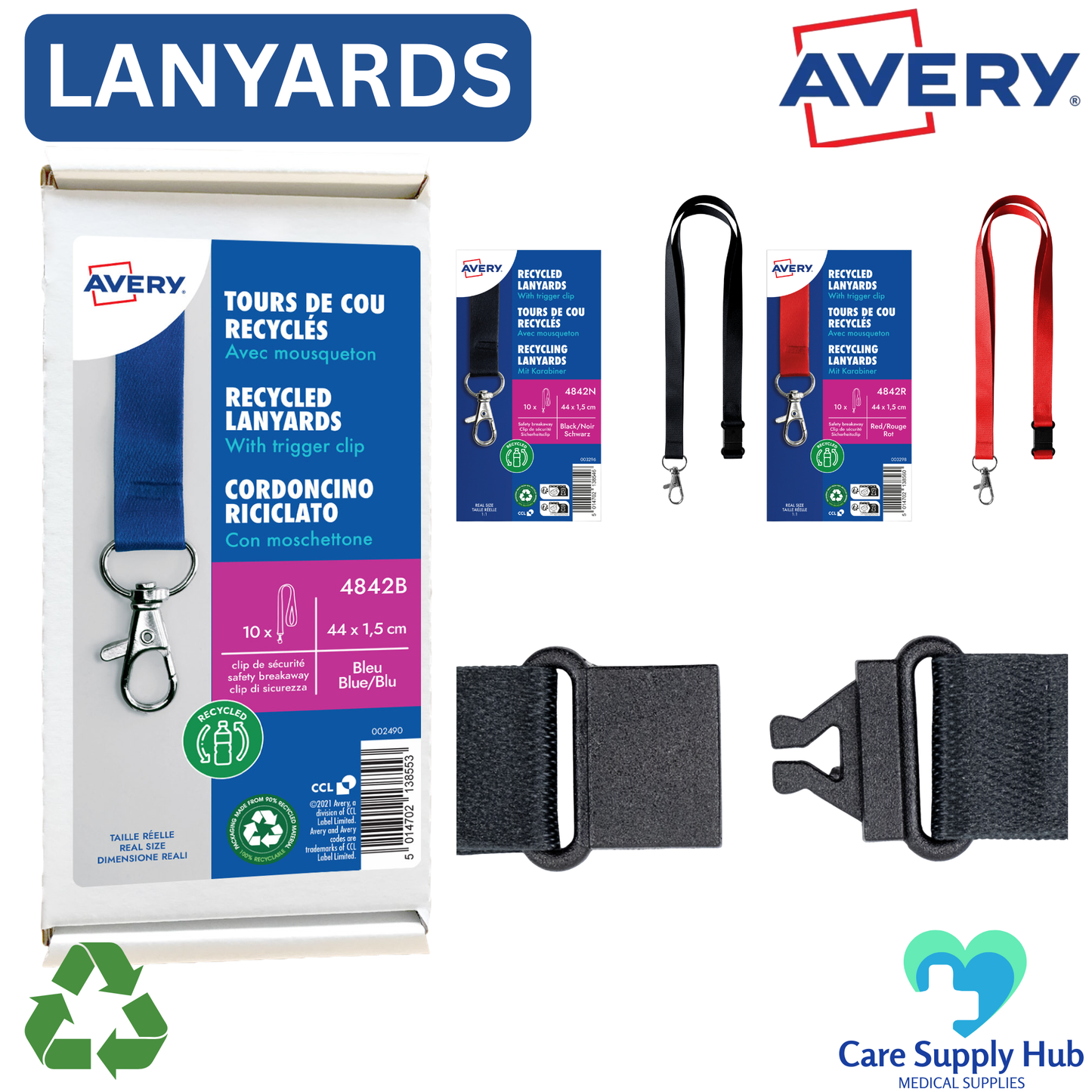 Avery Recycled Trigger Clip Lanyards – Blue, Black & Red (Pack of 10)