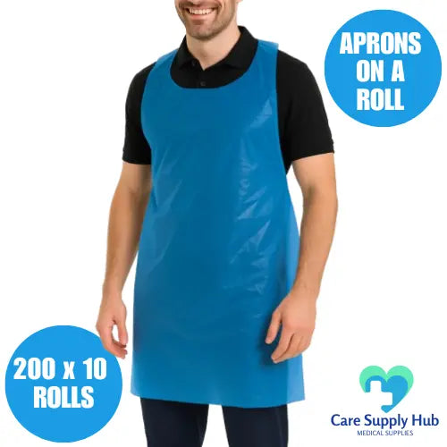 Disposable Aprons Roll Pack – 200 Aprons x 10 Rolls – Blue or White