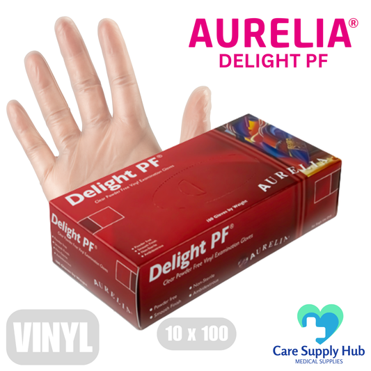 Aurelia Clear Vinyl Gloves – Powder-Free, Latex-Free – 1 Case (10x100)
