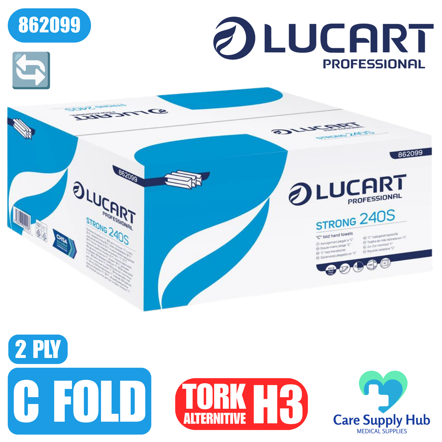 Lucart White Pure C-Fold Hand Towel – 2-Ply, White – 2,400 sheets