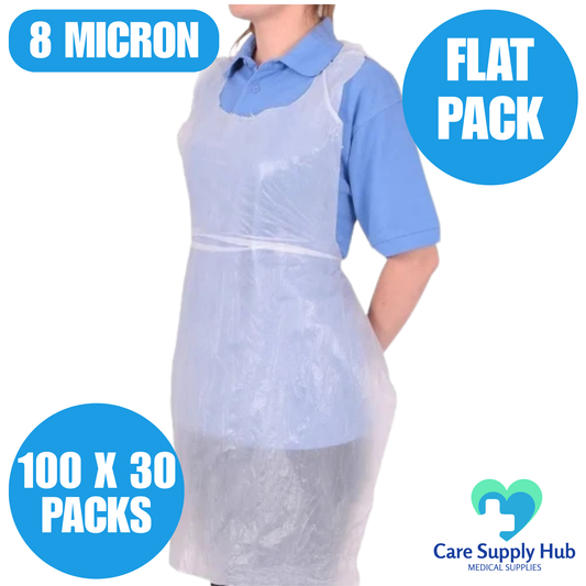 White Flat Pack Disposable Aprons – 12 Micron, 3000 Aprons (100 x 30 Packs)