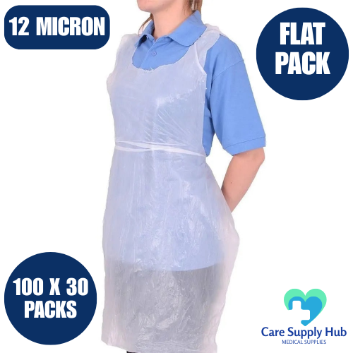 White Flat Pack Disposable Aprons – 12 Micron, 3000 Aprons (100 x 30 Packs)