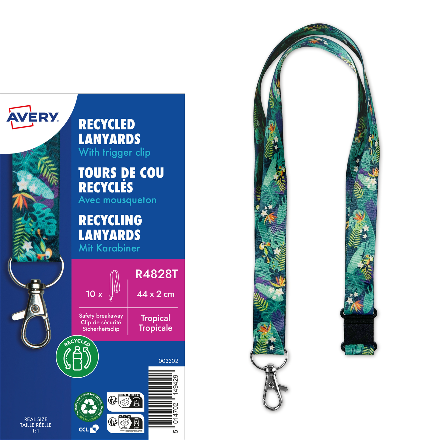 Avery Recycled Tropical Pre-Printed Lanyard with 2cm Wide Carabiner (Pack of 10)