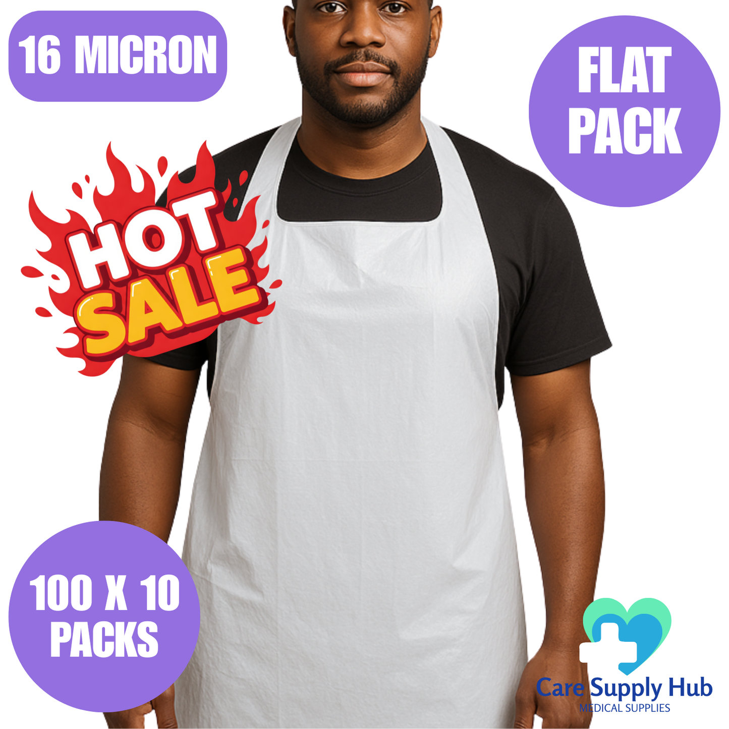 Ultimate White Flat Pack Disposable Aprons – 16 Micron, 1000 Aprons (100 x 10 Packs)