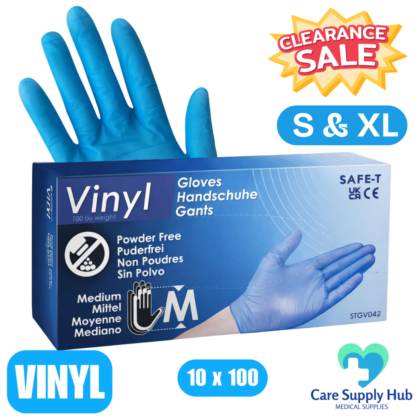Safe-T Blue Vinyl Gloves – Powder Free - 1 Case  (10 x 100 Gloves)