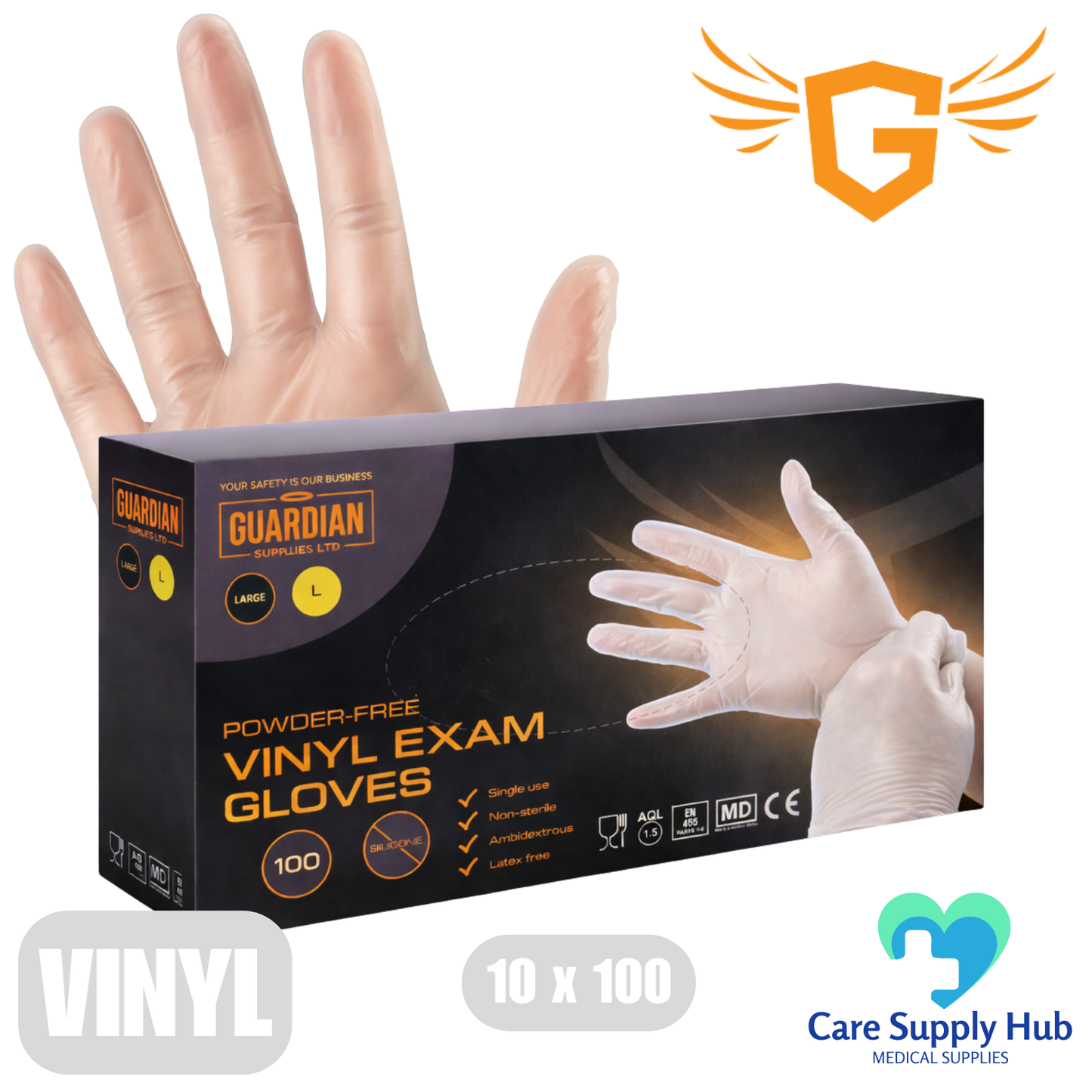 Guardian Clear Vinyl Gloves – Powder-Free, Latex-Free – 1 Case (10x100)