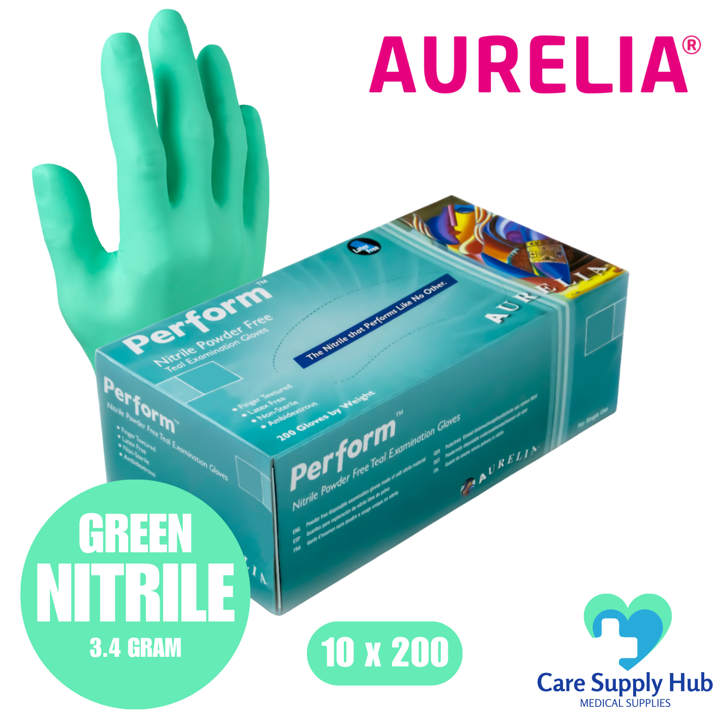 Aurelia Perform Green Nitrile Examination Gloves – Powder-Free Disposable (10x200)