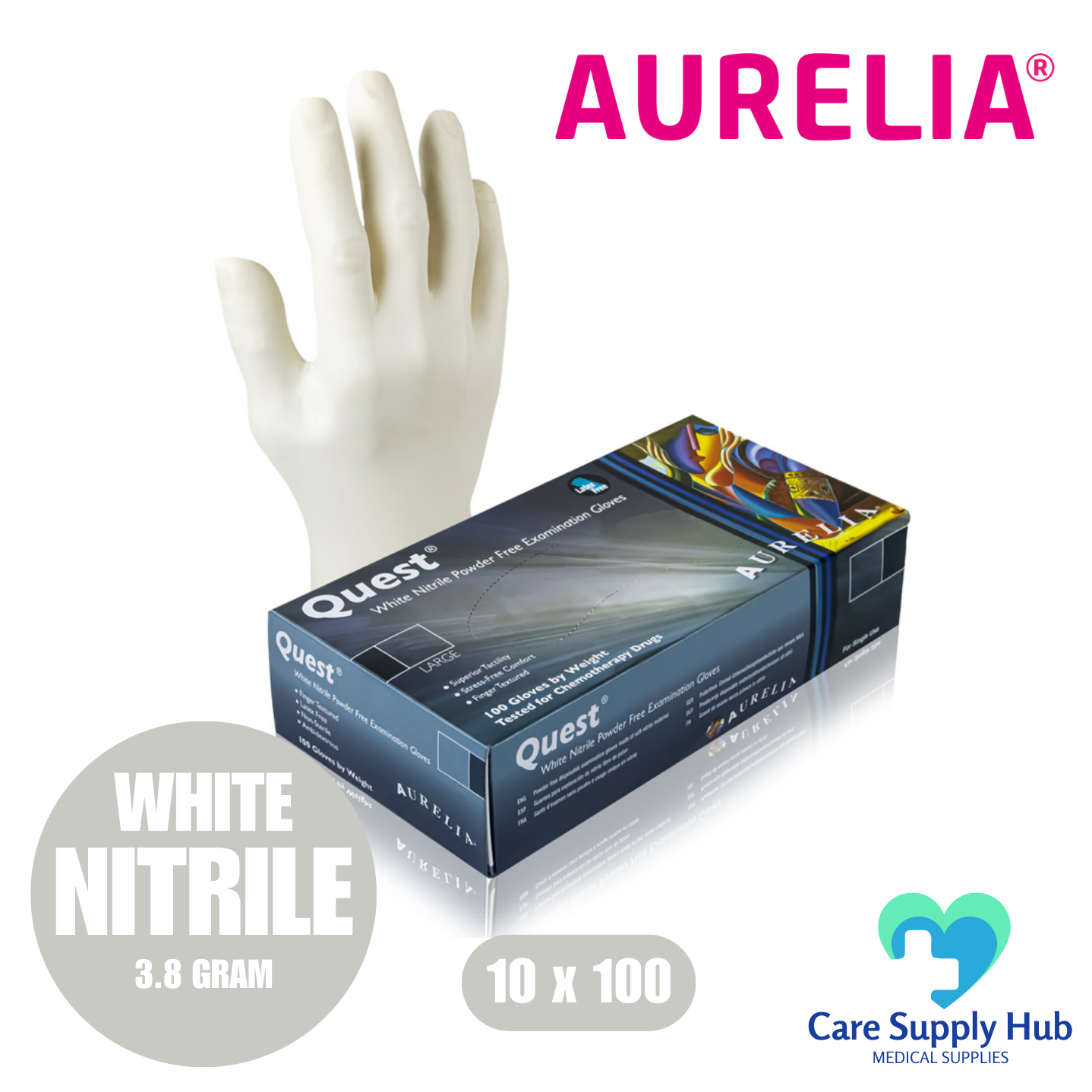 Aurelia Quest White Nitrile Examination Gloves – Powder-Free Disposable (10x100)