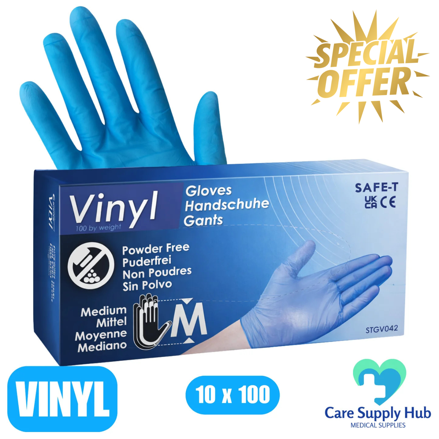 Safe-T Blue Vinyl Gloves – Powder Free - 1 Case  (10 x 100 Gloves)
