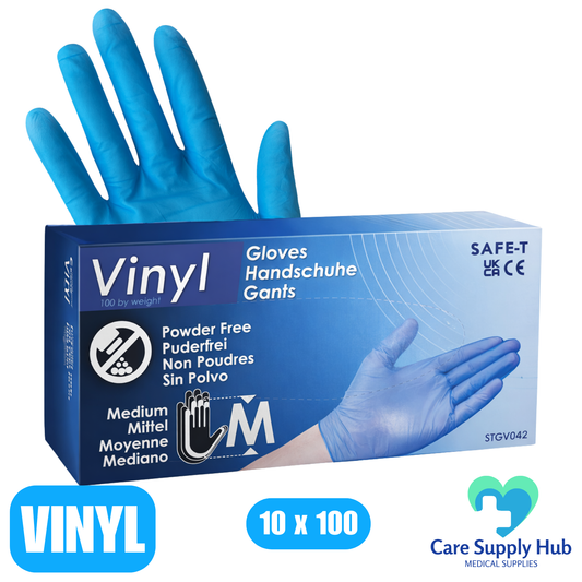 Safe-T Blue Vinyl Gloves – Powder Free - 1 Case  (10 x 100 Gloves)